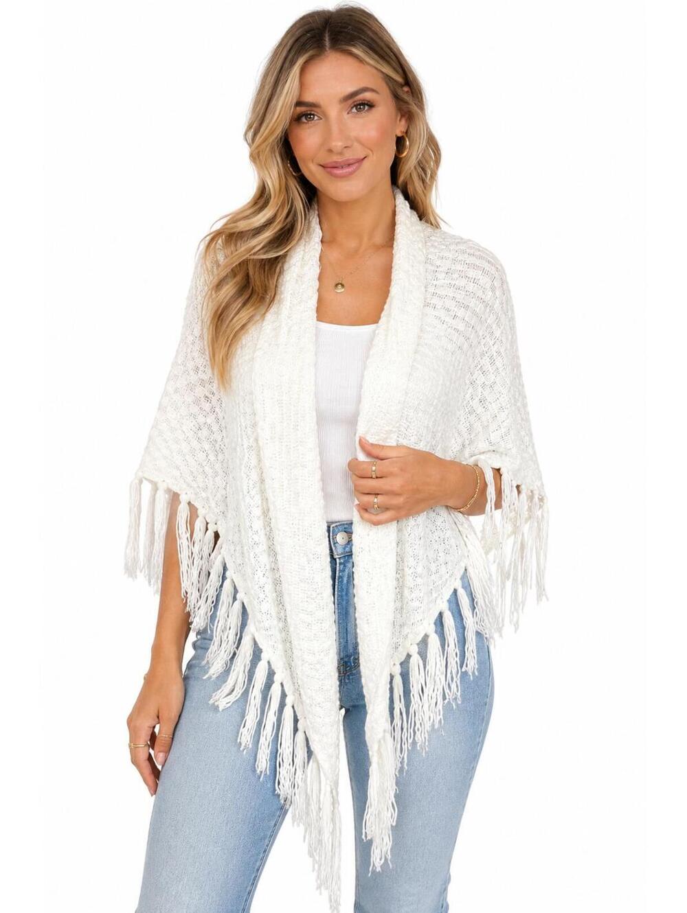 Boho Ivory Fringe Knit Shawl Wrap Poncho Scarf Cozy Cottagecore One Size